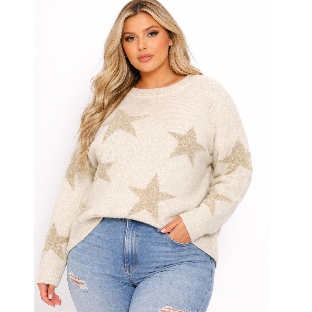Cosmic Blue Love Starlet Crew Sweater Women 1X Ivory Gold‎ Stars NWT